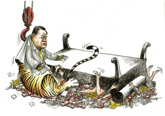 Карикатура на борьбу с «тиграми» в высшем руководстве компартии Китая. Рисунок с au.epochtimes.com