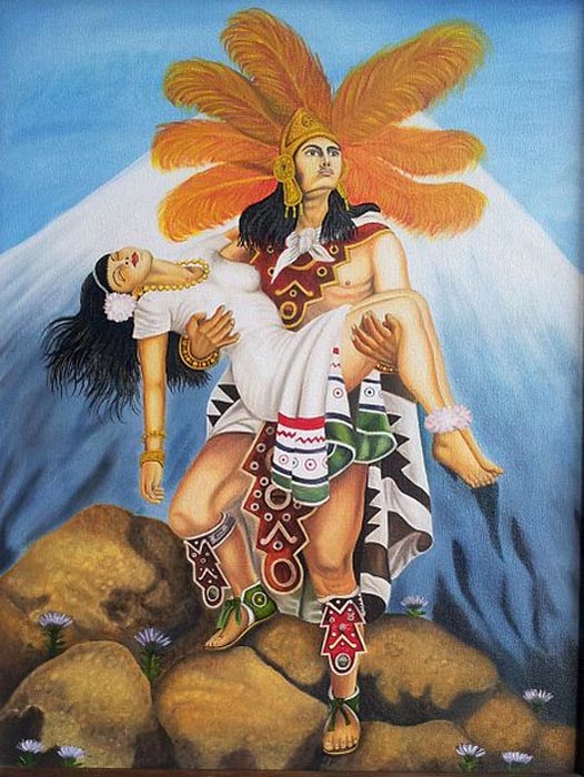 Иллюстрация легенды Попокатепетль и Истаксиуатль из цикла Grandeza Azteca («Величие ацтеков») художника Хесуса Хелгуэры. Фото: AntoFran/CC BY SA 3.0