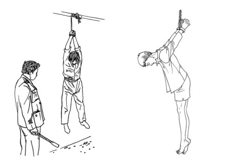 Часто применяемая в Китае милицией пытка подвешивание на долгое время и избиение. Иллюстрация: minghui.org