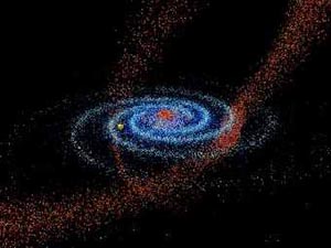 Голубой диск: Млечный путь. Желтым: Солнце. Красным: звезды, вырванные из галактики в Стрельце. Изображение с сайта Университета Виргинии