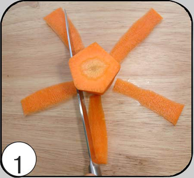 1. Придать овощу форму конуса и пятиугольника — длинным ножом из набора обрезать по кругу с пяти сторон.