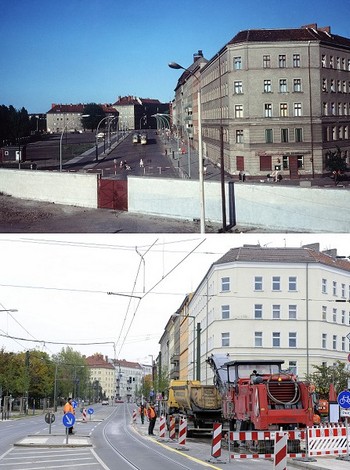 На верхнем фото, сделанном в июне 1968 года в Берлине, запечатлена стена. На нижнем фото, сделанном в том же месте 20 октября 2009 года, стены уже нет. Фото: JOHN MACDOUGALL/AFP/Getty Images