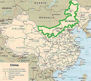 Внутренняя Монголия (обозначена зелёным цветом) занимает 12% территории Китая