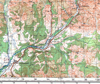 Карта части Хасынского района, на который видно расположение посёлков Карамкен, Палатка, Хасын, Стекольный вдоль реки Хасын, куда попали цианиды из Карамкенского хвостохранилища.