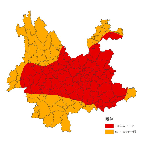 Карта провинции Юньнань. Коричневым выделены районы, на которых засуха стала самой сильной за более 100 лет; жёлтым – за 80–100 лет.