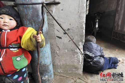 Китай. Пока родители работают, дети сидят на привязи. Фотообзор
