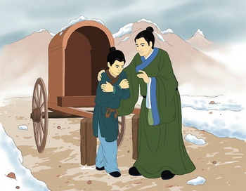Минь Дэжэнь наставляет своего сына Цзыцяня, который дрожит от холода. Иллюстрация: Чжичин Чэнь/Великая Эпоха (The Epoch Times) 