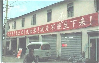 Надпись на транспаранте в одном из китайских уездов: «Выбить! Абортировать! Исторгнуть! Только не родить!» Фото с epochtimes.com