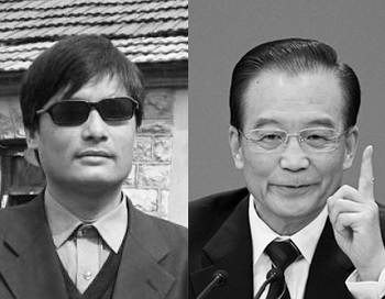 Слепой китайский адвокат Чэнь Гуанчэн (слева) и премьер-министр КНР Вэнь Цзябао (справа). Аналитики считают, что побег Чэня – это возможность для смещения Чжоу Юнкана. Фото:  Feng Li/Getty Images