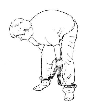 Иллюстрация пытки «сковывание в кандалах и наручниках в неудобной позе». Фото: minghui.org