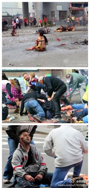 Фотографии, побудившие китайцев задуматься о своём безразличии к чужому горю. Первая фото сверху сделана после взрыва в Китае. Две нижние фото сделаны после взрыва в США. Фото с weibo.com