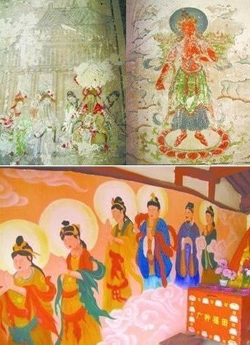 На фото сверху изначальные древние изображения на стене храма Юньцзе. Снизу рисунок после «реставрации». Фото с epochtimes.com
