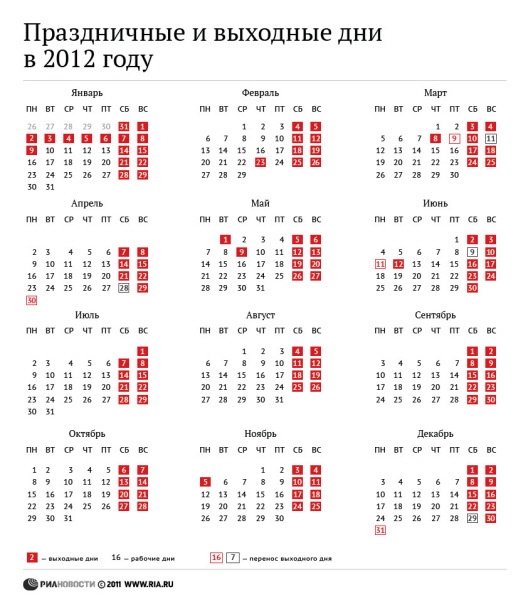 Праздничные и выходные дни в 2012 году