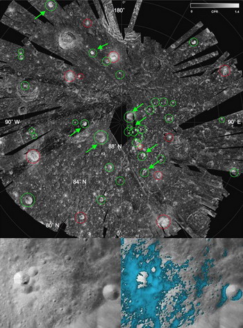 Различные приборы на борту аппарата Chandrayaan 1 выявили как россыпь богатых водяным льдом кратеров на северном полюсе Луны (вверху они обозначены зелёными кружками), так и богатые водой минералы вокруг (нижний кадр, голубые участки) (фотографии NASA, ISRO)