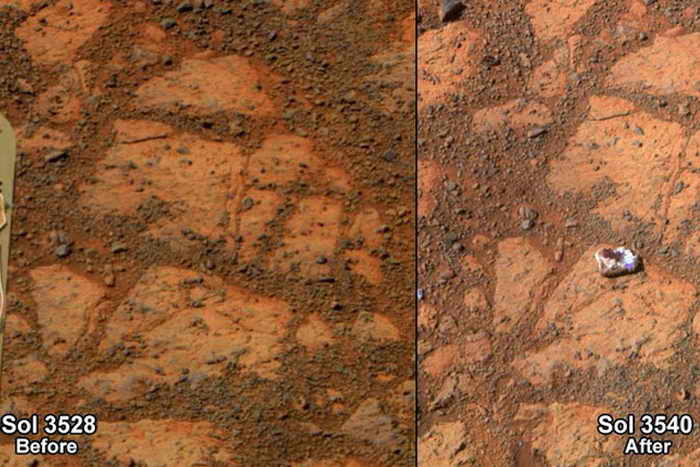 Объект, найденный марсоходом Opportunity на Марсе (справа) и тот же самый участок 12 днями ранее (слева). Фото: NASA 