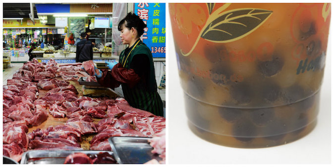 Слева: китайский продавец торгует мясом в Циндао, провинция Шаньдун. Справа: чай с «жемчужинами». Фото: STR/AFP/Getty Images and Sean Gallup/Getty Images | Epoch Times Россия