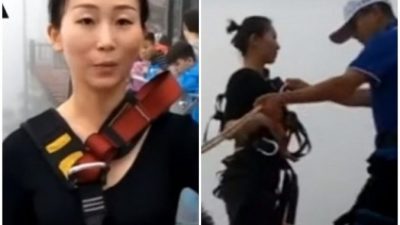 (Видео) Китаянка каждый день прыгает с 300-метровой тарзанки, чтобы доставить обеды коллегам!