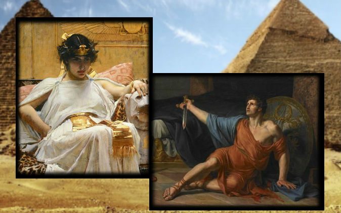 Слева: картина Джона Уильяма Уотерхауса с изображением Клеопатры, 1888 г. Справа: «Смерть Антония» Жана Жермена Друэ, 18 век. (Wikimedia Commons) Фон: файловая фотография пирамид в Египте. (Redhouane / iStock) | Epoch Times Россия