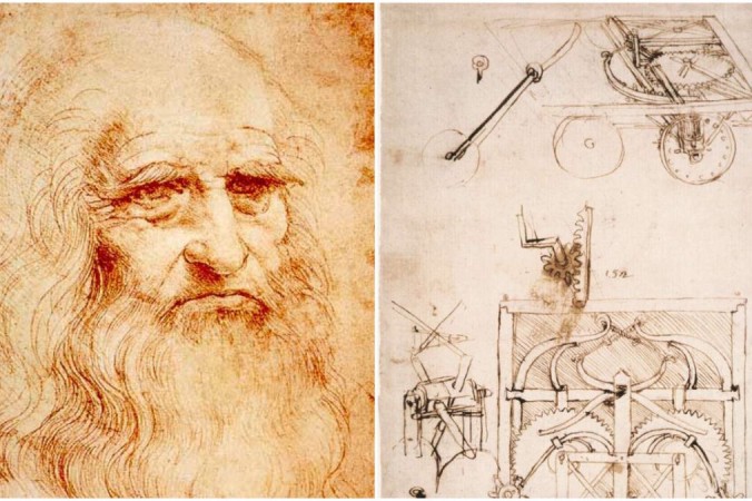 (L) Предполагаемый автопортрет Леонардо да Винчи, около 1510-1515 гг. (R) Эскизы автомобиля Леонардо да Винчи, около 1480 г. (Public Domain ) | Epoch Times Россия
