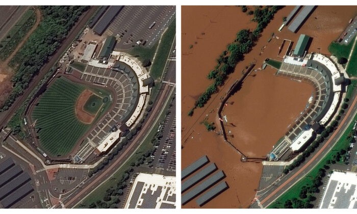 (Слева) Бейсбольный стадион TD Bank в городке Бриджуотер, штат Нью-Джерси, до наводнения, 25 августа 2021 года. (Справа) Бейсбольный стадион TD Bank в городке Бриджуотер, штат Нью-Джерси, после наводнения, 2 сентября 2021 года. Maxar Technologies via AP | Epoch Times Россия