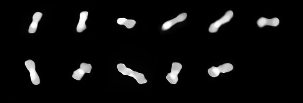 На этих одиннадцати изображениях астероид Клеопатра виден под разными углами во время его вращения. Изображения были сделаны в разное время в период с 2017 по 2019 года с помощью спектро-поляриметрического высококонтрастного прибора для исследования экзопланет (SPHERE). (ESO / Vernazza, Marchis et al. / MISTRAL algorithm (ONERA/CNRS)
