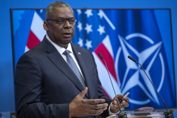 Secretary of Defense Lloyd J. Austin III conducts a press conference at the NATO defense ministerial at NATO headquarters in Brussels, Belgium, Oct. 22, 2021. NATO leaders are conducting their first in-person defense ministerial since the beginning of the COVID-19 pandemic to chart the course for the alliance as it modernizes and adapts to a world dominated by strategic competition. (DoD photo by Chad J. McNeeley)