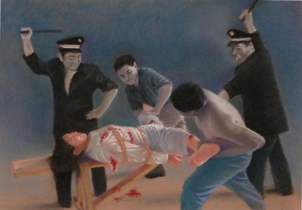 Иллюстрация одного из методов сексуальных пыток, используемых должностными лицами компартии для принуждения узников совести, особенно последовательниц Фалуньгун, отречься от своей веры. (Minghui.org)