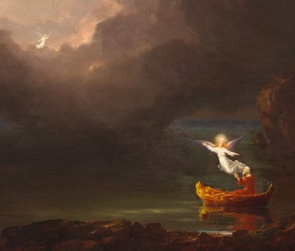Фрагмент картины «Путешествие жизни: зрелость», крупный план лиц в тёмных облаках. (Public Domain)