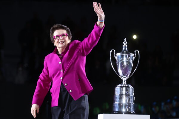 GUADALAJARA, MEXICO - NOVEMBER 17: Tennis legend Billie Jean King greets public next to the Single's trophy name after her during Day 8 of 2021 Akron WTA Finals Guadalajara at Centro Panamericano de Tenis on November 17, 2021 in Guadalajara, Mexico. (Photo by Hector Vivas/Getty Images for WTA,)