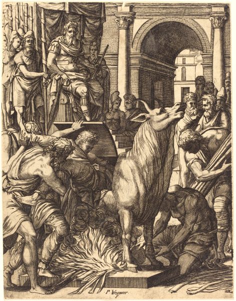 Тиран Фаларис приговаривает скульптора Перилая к казни в медном быке. (Image: via Wikimedia Commons)