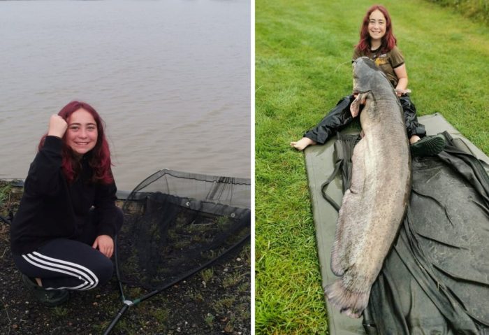 15-летняя британская девушка поймала огромного 45-килограммового сома, который крупнее её