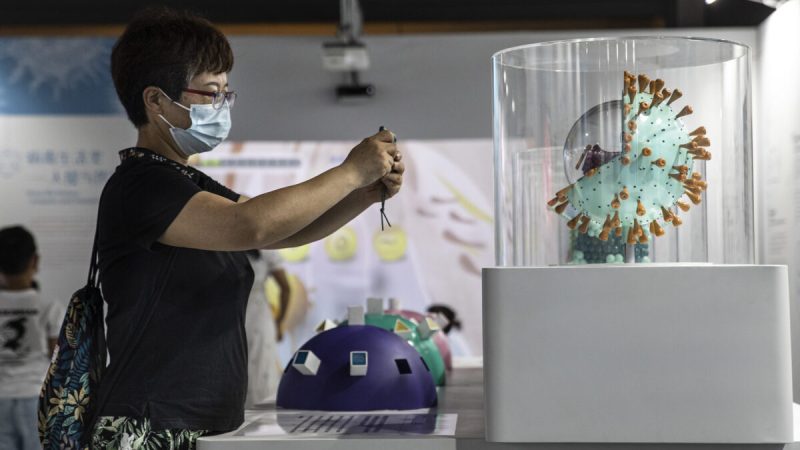 Фото1. Женщина в маске с моделью вируса COVID-19 на научной выставке «Просвещение COVID-19» в Уханьском музее естественной истории в Ухане, провинция Хубэй, Китай, 18 июля 2021 года. (Getty Images)
 | Epoch Times Россия