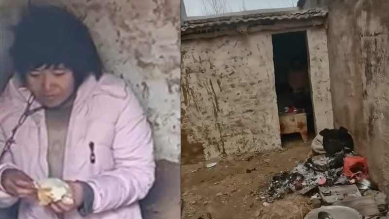 Скриншот видео с матерью восьми детей (слева), закованной в деревенскую хижину в городе Сюйчжоу, провинция Цзянсу, Китай, в январе 2022 года.  (Screenshots via Douyin) 
 | Epoch Times Россия