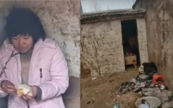 Скриншот видеозаписи матери восьми детей, закованной в кандалы в сельской хижине в городе Сюйчжоу, провинция Цзянсу, Китай, 2022 января. (Screenshots via Douyin)