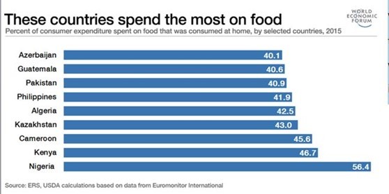 Процент потребительских расходов, потраченных на продукты питания, потребляемые дома, 2015 год (Служба экономических исследований, Министерство сельского хозяйства США)