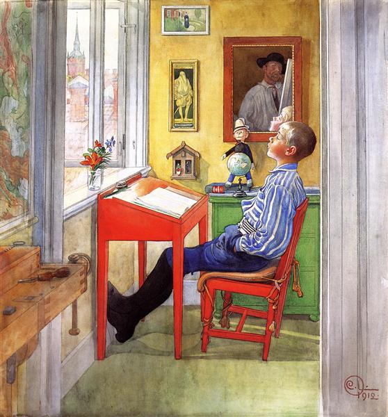 «Эсбьёрн делает домашнюю работу», Карл Ларссон, 1910 год. Частная коллекция. (Общественное достояние)