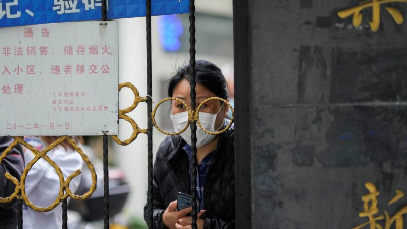Житель выглядывает из-за ворот, закрывающих вход в жилой район, находящийся под блокировкой, в Шанхае, 13 апреля 2022 года. (Aly Song/Reuters)  | Epoch Times Россия