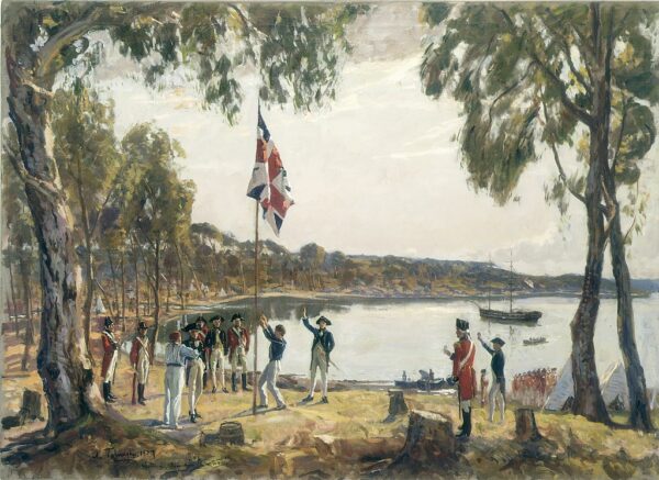 «Основание Австралии капитаном Артуром Филлипом, Сиднейская бухта, 26 января 1788 года», картина написана в 1939 году маслом Алджерноном Талмеджем. (Public Domain/Wikimedia Commons)