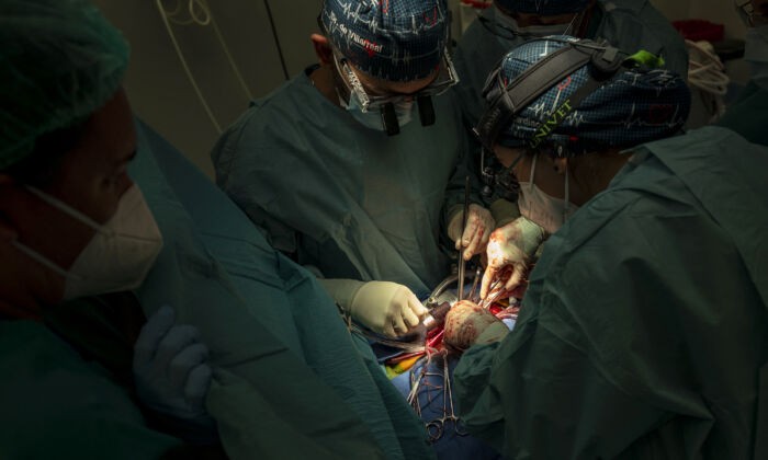 Сердечно-сосудистые хирурги Хуан Эстебан де Вильярреаль (в центре) и Сусана Вильяр (справа) проводят операцию по пересадке сердца в операционной университетской больницы Пуэрта де Йерро в Маджадаонде, недалеко от Мадрида. (Javier Soriano/AFP via Getty Images)
 | Epoch Times Россия