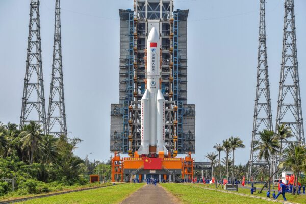 A Long March 5B rocket at the Wenchang Space Center in China's southern Hainan province on April 23, 2021. (STR/China News Service (CNS)/AFP via Getty Images)