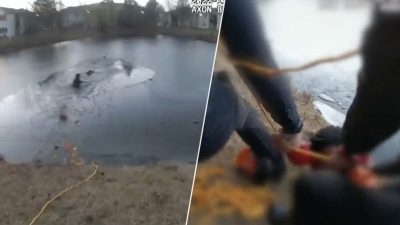 Драматические кадры с телекамеры запечатлели офицеров, спасающих 9-летнего мальчика и женщину из ледяного пруда