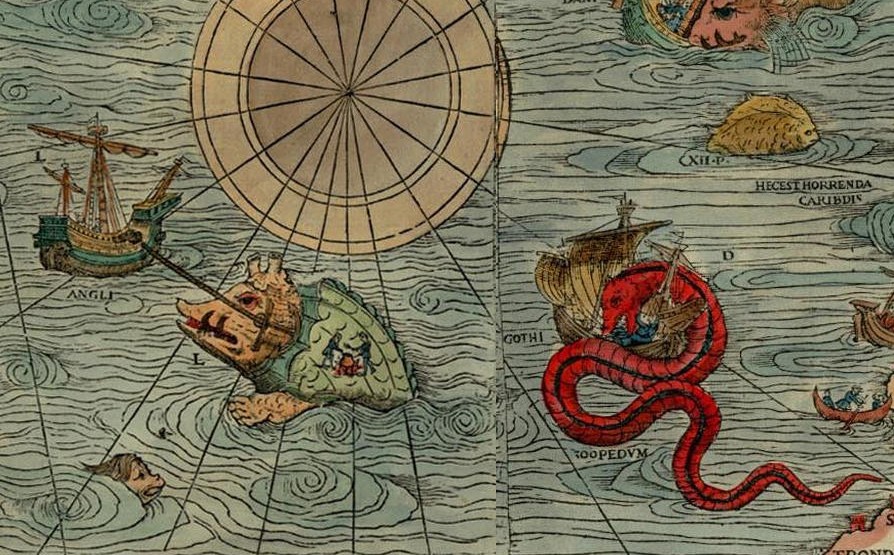 Среди нескольких неопознанных морских существ — красное змеевидное существо, атакующее корабль. (Public Domain)