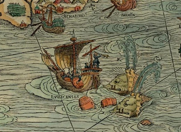 Клыкастые киты нападают на корабль, а моряки бросают бочки и играют на трубе, чтобы отогнать их. (Public Domain)