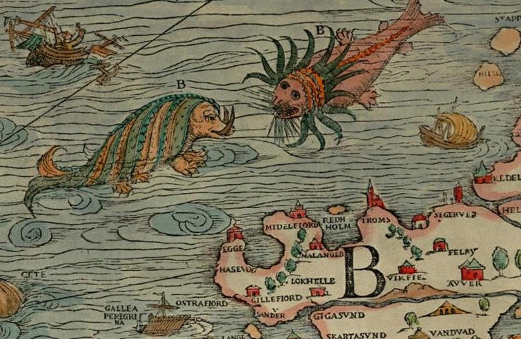 «Бородатое» красное чудовище (вверху справа) на карте Олафа Магнуса Carta Marina 1539 года принято считать изображением Кракена. (Public Domain)
