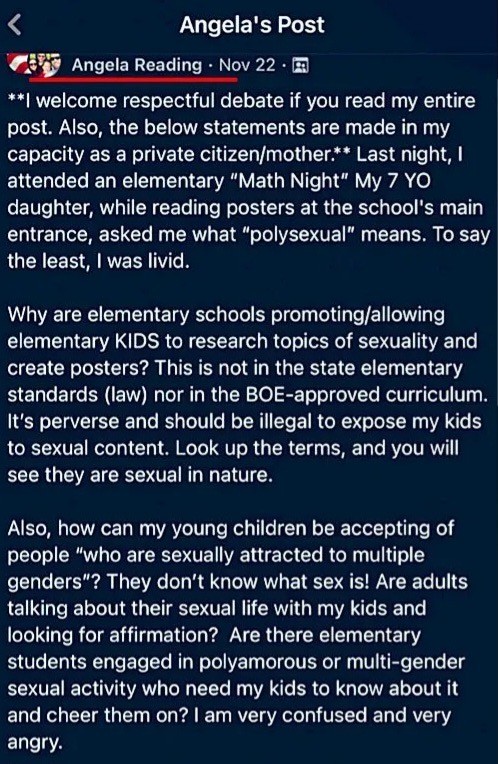 Пост в Facebook Анжелы Рединг, выступившей против плаката, знакомящего детсадовцев с сексуальной ориентацией. (Courtesy of Nik Stouffer)