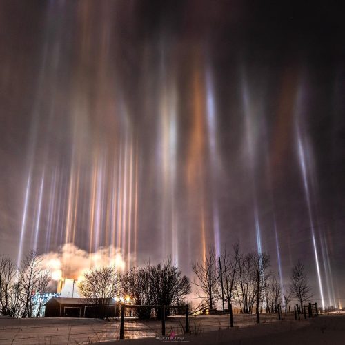 Световые столбы в центральной Альберте, Канада, декабрь 2022 г. (Courtesy of Dar Tanner)