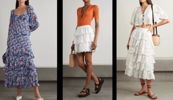 Топ 10 трендов платьев и юбок моды лета 2023. Юбки с оборками. (Скриншот / ganjing.com) Топ 10 трендов модного лета 2023