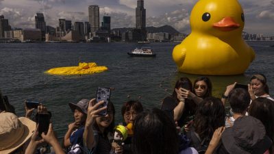 Одна из двух гигантских уток в гавани Виктория в Гонконге сдулась