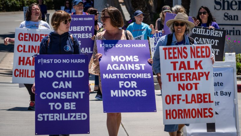 Сторонники детранзиции протестуют за пределами ежегодной конференции Детского эндокринного общества, проходящей в Сан-Диего, Калифорния, 6 мая 2023 года. (John Fredicks/The Epoch Times)
 | Epoch Times Россия