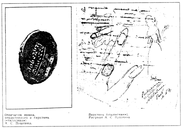 Отпечаток камня, вставленного в перстень, и рисунок Пушкина, изображающий руку с талисманом. (Фото: wikipedia.org. Общественное достояние)